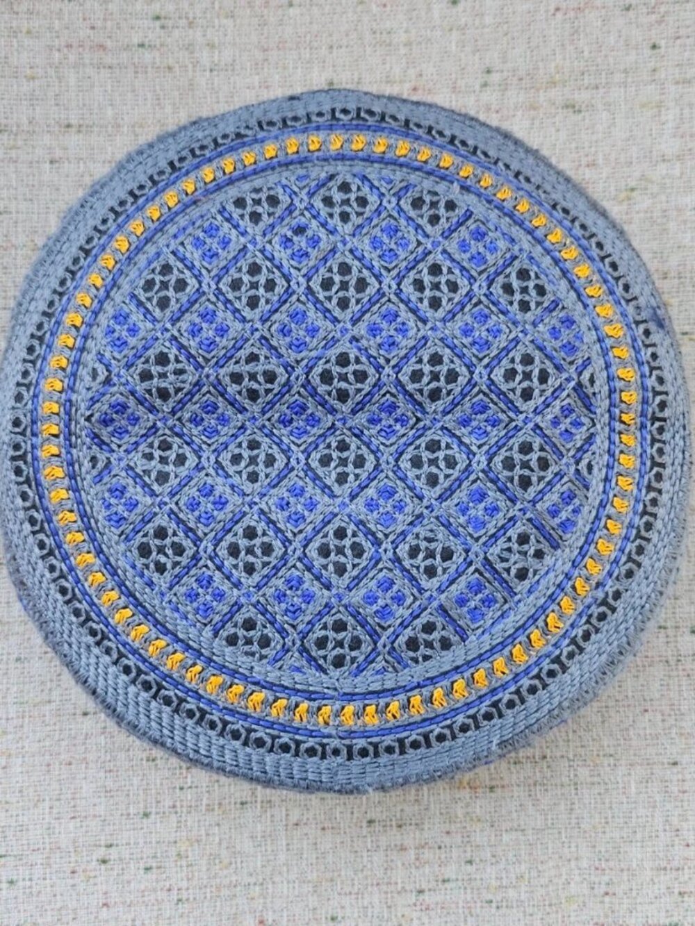 Men Hat Embroidery Gray/Blue Round Topi Cap Traditional Prayer Muslim Size 55cm - Picture 4 of 10